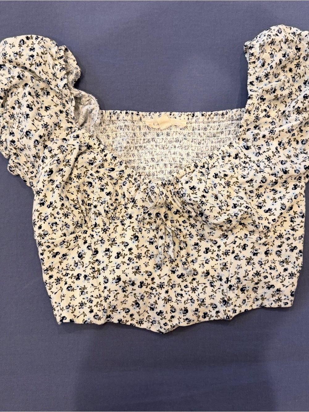 La Hearts Cream Floral Smocked Crop Top with Black Print